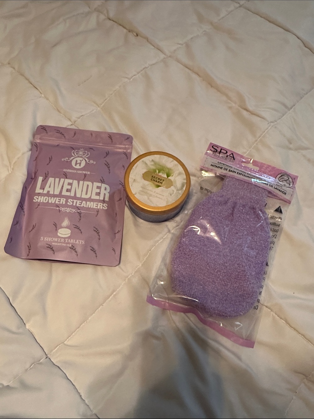 Spa Lavender bundle shower steamer spa exfoliate glove, Victoria Secrbody butter